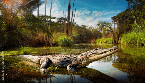a digital illustration showcasing a prehistoric crocodile in a swampy environment