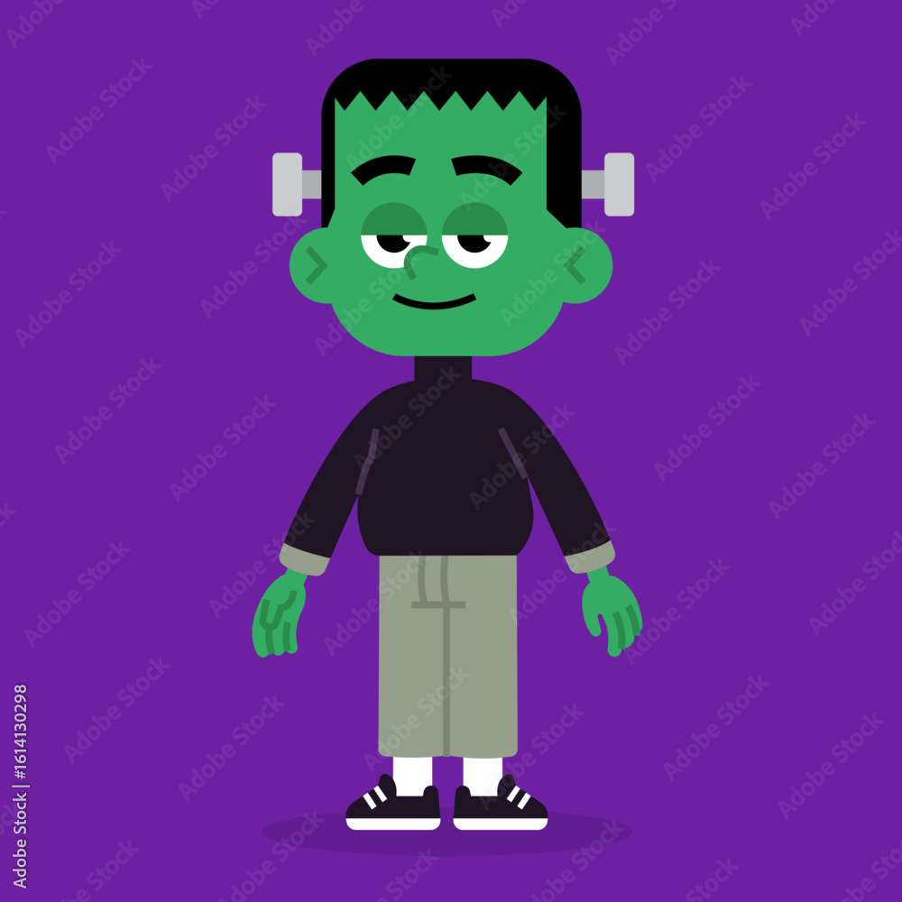 Fototapeta premium Cartoon Frankenstein Halloween Character with Green Skin on Purple Background