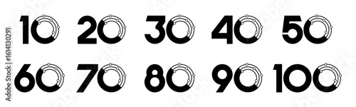 Set of collection numbers 10 to 100 with technology vector illustration. Circuit with numbers 10, 20, 30, 40, 50, 60, 70, 80, 90, 100 for greetings, anniversaries, discounts and more.