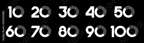 Set of collection numbers 10 to 100 with technology vector illustration. Circuit with numbers 10, 20, 30, 40, 50, 60, 70, 80, 90, 100 for greetings, anniversaries, discounts and more.