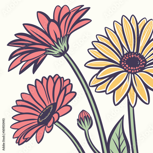 Vibrant pop art gerbera daisies close up with bold colors and graphic style
