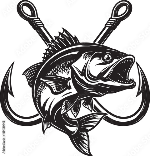 Fishing Logo with Bass Fish and Hooks – Black and White Vector Illustration

