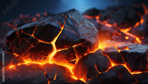 cracked rock with glowing lava inside dark background the image showcases a dramatic scene of geological activity