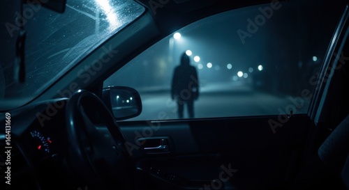 First person view from inside car looking at a scary monster in the distance on a foggy street at night. Horror and danger.