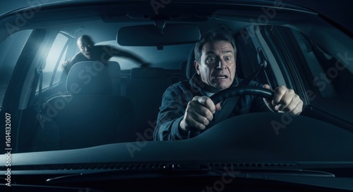 Caucasian man driving car at night with scared expression as ghostly creature appears in back seat. Horror concept, fear theme.