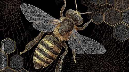 Bee hovers near honeycomb in graphic gold and white. Use for design, web, marketing related to nature, honey, insects, bees, beekeeping.