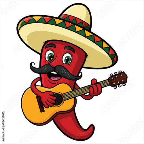 Vector illustration of red chili pepper cartoon character wearing Mexican hat playing guitar great for cultural celebration and food related projects