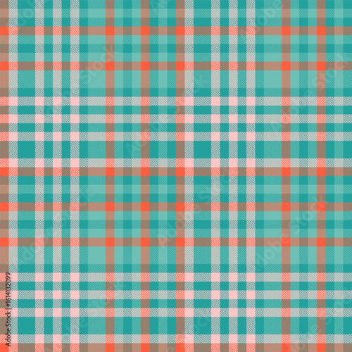 Vibrant teal, coral, and beige plaid pattern. Perfect for textile design, website backgrounds, or fashion projects.  A cheerful, summery texture evoking feelings of warmth and comfort.