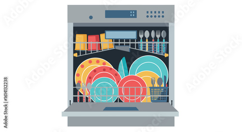 Modern dishwasher interior with clean colorful dishes and cutlery