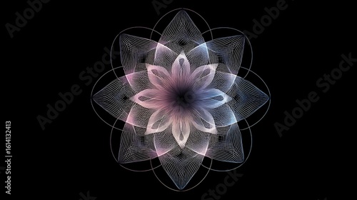 Wireframe Flower Blooms on Black Background. Creates a geometric, modern design. Ideal for web design, wallpaper, marketing.