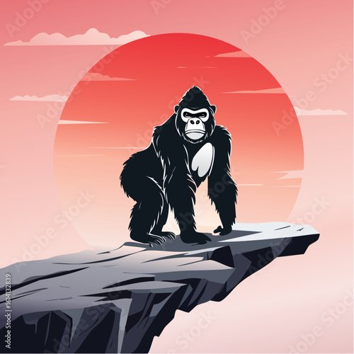 Primal majesty of a silverback gorilla on a mountain peak at sundown, a powerful symbol of wildlife and untamed nature illustrated