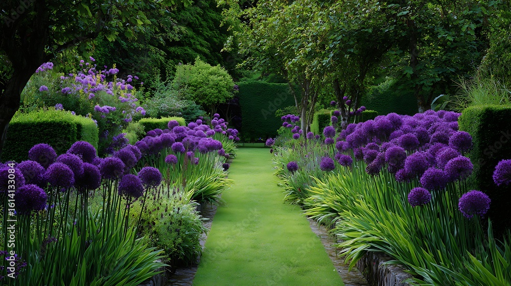 Fototapeta premium Natural green walkway surrounded by blooming alliums / アリウムに囲まれた自然な緑の小道