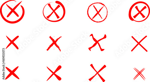Vector illustration of a set of red cross marks. Simple and bold symbols for error, cancel, rejection, or incorrect choices in UI design and digital interfaces