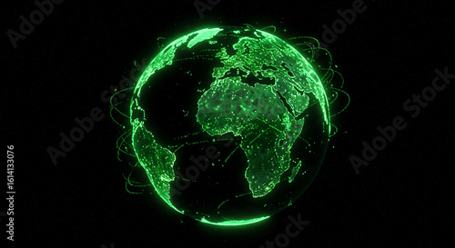 A glowing green earth globe with interconnected lines against a black background in a digital style