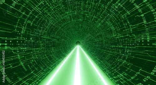 A green digital tunnel with binary code and bright light converging at the vanishing point ahead