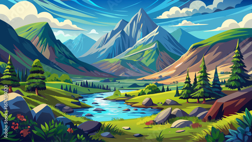 Beautiful mountain and valley landscape in Glencoe, Scotland with lush forest under a clear blue sky.