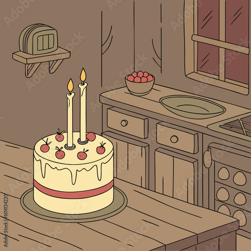 Cozy home kitchen scene featuring a delicious butter cake with lit candles perfect for celebrations and warm gatherings
