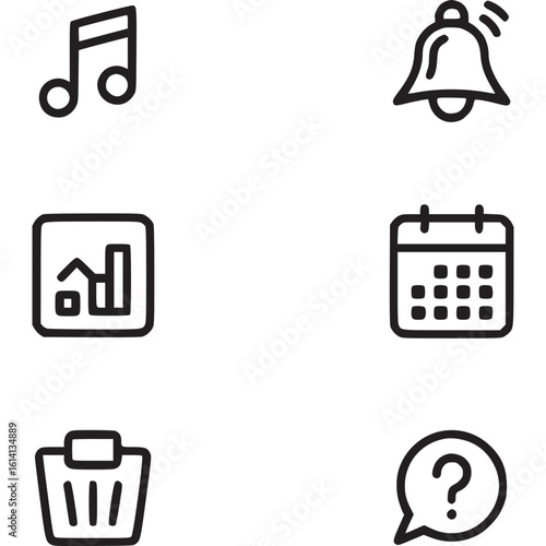 A set of six simple line icons including music note bell chart calendar basket and question mark symbol on transparent background