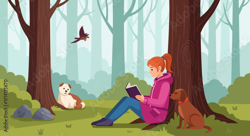 Person reading book in forest with dog companions peaceful outdoor scene