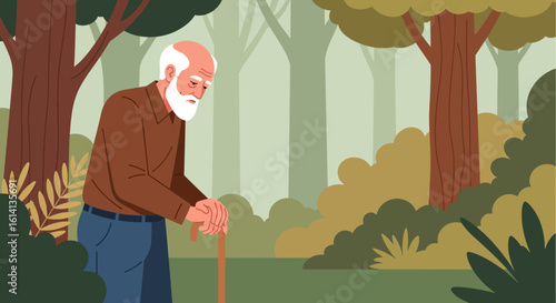 Senior man walking alone in forest illustration concept of aging