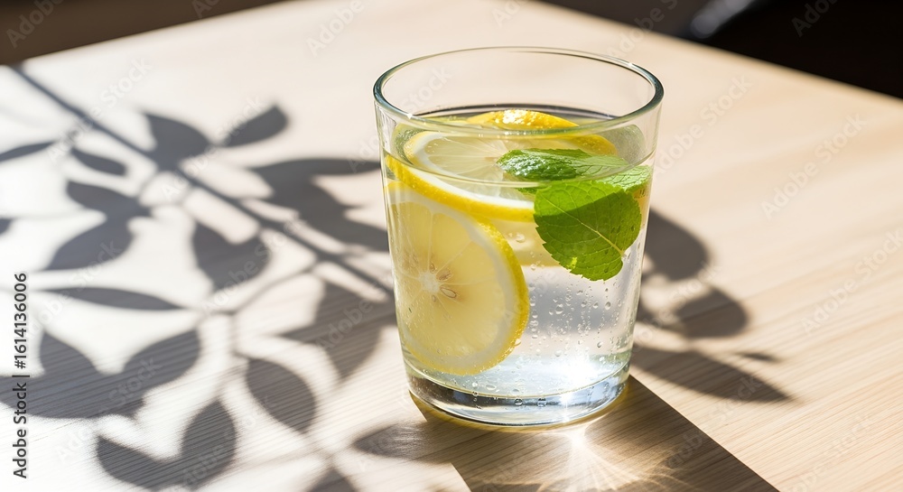 Glass of lemon water with mint and leaf shadows in sunlight image Jpg clipping path, social media, Advertisement, HD photo, close up, high quality, web, banner, poster.
Glass of lemon water with mint and leaf shadows in sunlight image Jpg clipping path, social media, Advertisement, HD photo, close up, high quality, web, banner, poster.