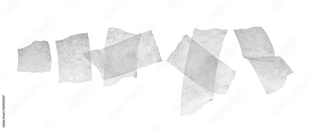 Obraz premium Set paper adhesive tape, pieces flying isolated on white, clipping path