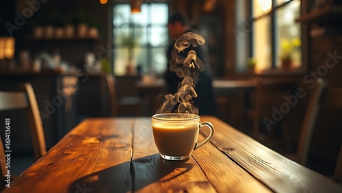Steaming coffee cup on a rustic table in a cozy café, evoking warmth and comfort.