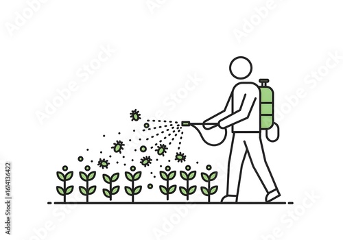 Person spraying pesticides on crops with a backpack sprayer in a field illustration style