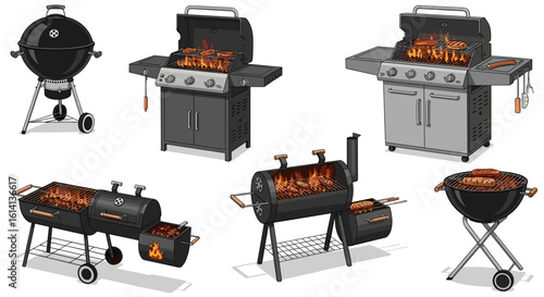 A collection of various styles of barbecues including kettle gas and smoker grills cooking food outdoors