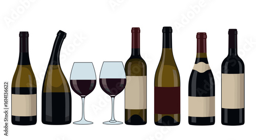 Assortment of wine bottles with varying shapes and colors alongside two glasses filled with red wine drink