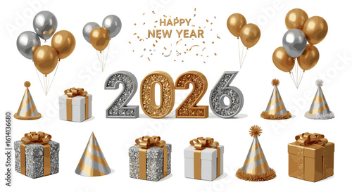 Happy new year celebration with balloons, gifts, party hats and the year two thousand twenty six in gold and silver