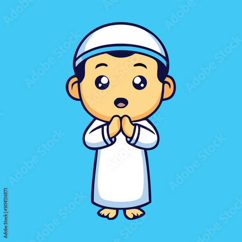 Cartoon Muslim boy with white kufi appears amazed with his hands clasped