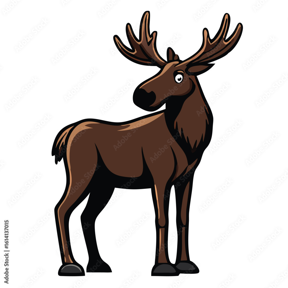 Obraz premium Cartoon moose stands with large antlers, its dark brown coat contrasting against the background