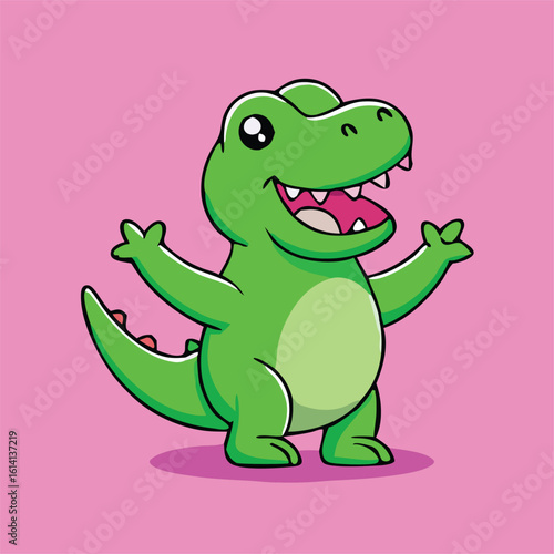Cheerful green cartoon alligator raises its arms happily against a pink background