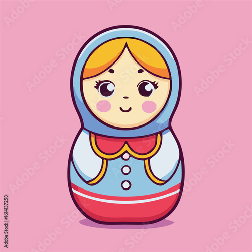 Cartoon Matryoshka doll has golden hair and blue outfit on a pink background