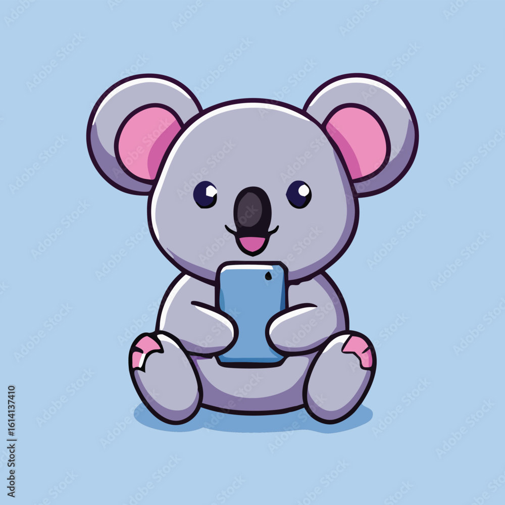 Fototapeta premium Cartoon koala is seated and cheerfully holds a blue mobile phone against light blue background
