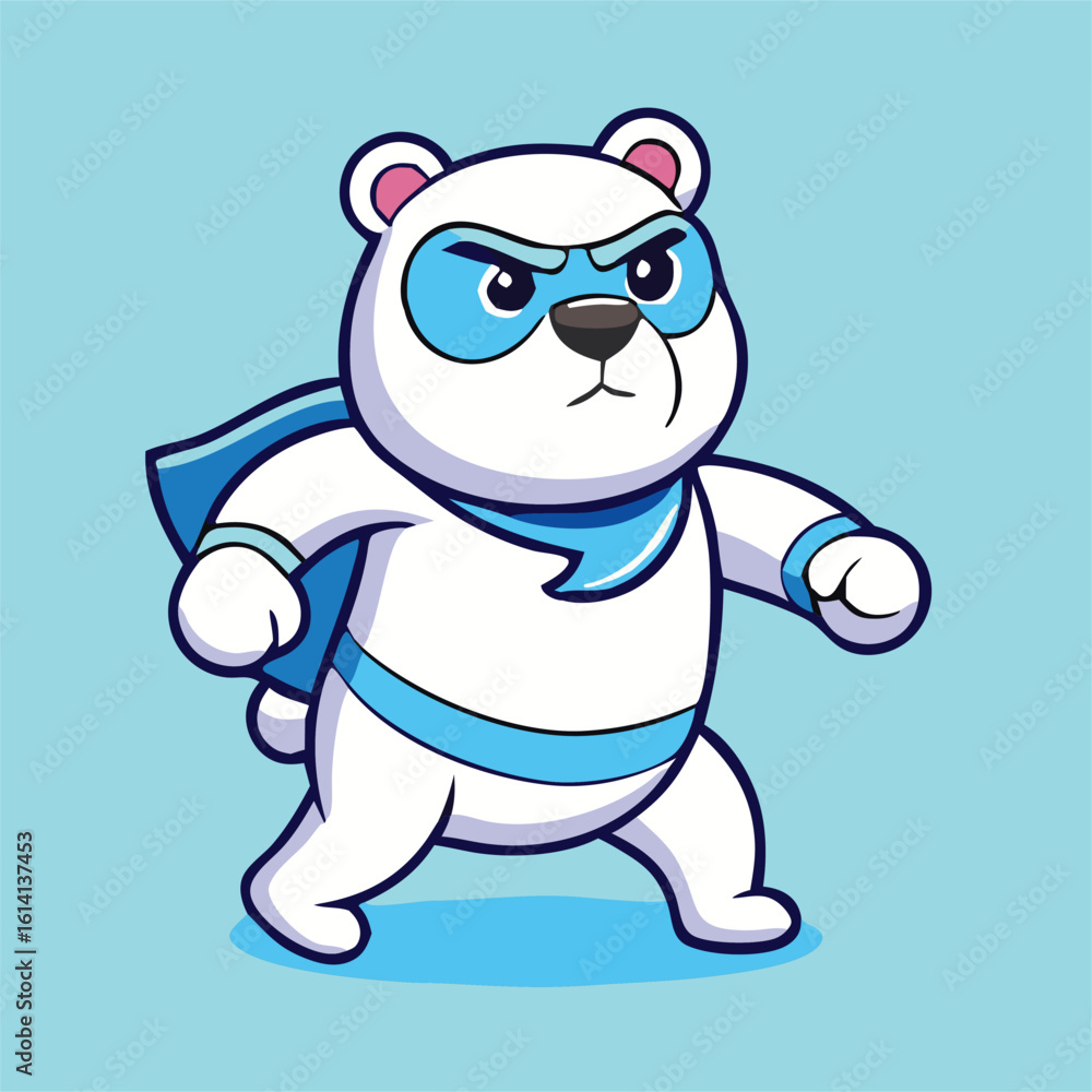 Naklejka premium Cartoon polar bear superhero prepares to tackle injustice with his adorable heroism on light blue