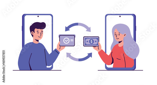 Peer-to-peer mobile transaction concept with two people exchanging funds