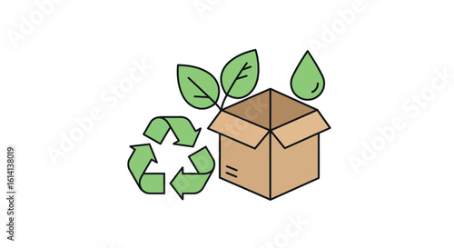 Eco-friendly packaging concept with recycle symbol and green leaves