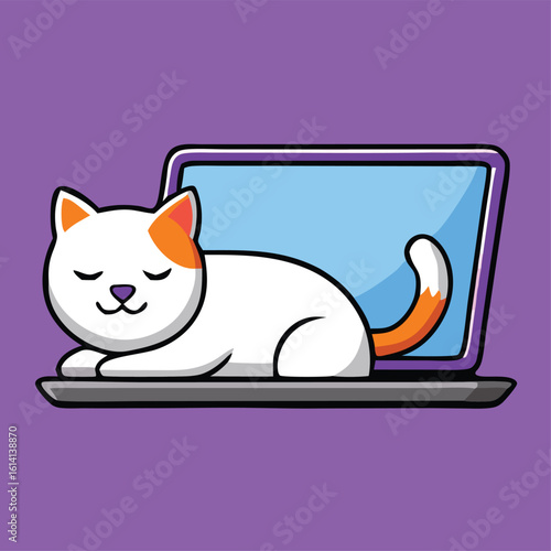 Cartoon white and orange cat sleeps comfortably on a laptop against a purple background