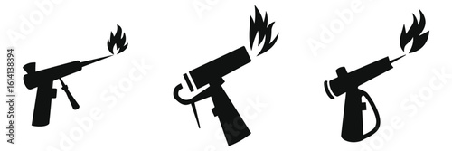 Set of Blowtorch Icons Vector Illustration – Black Silhouette Gas Torch with Flame, Industrial Welding Tools, Cooking Torch, Isolated on White Background, Editable Clipart