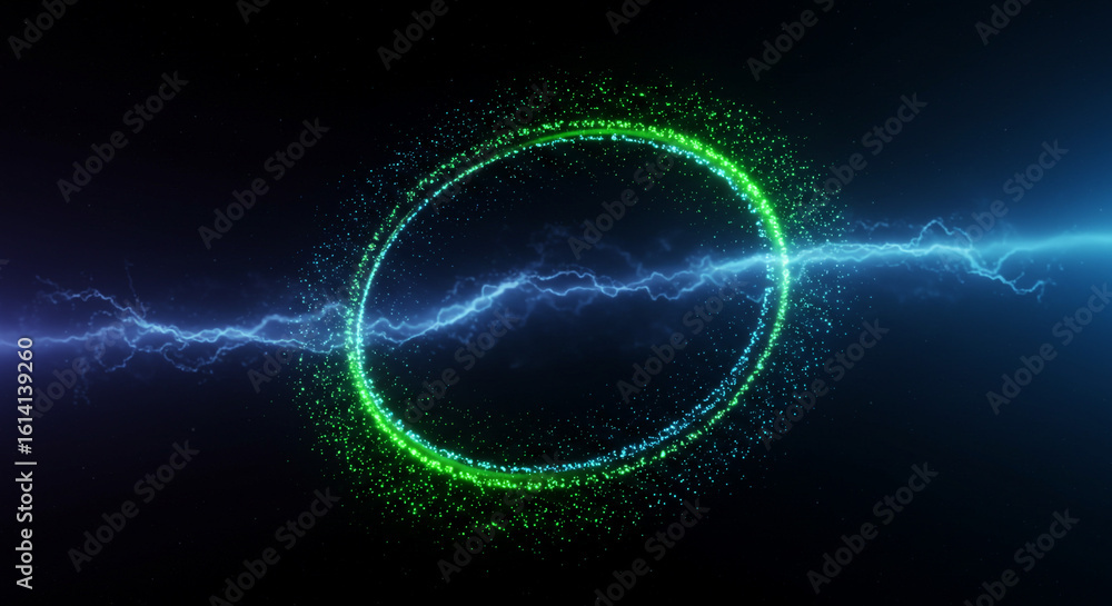 Obraz premium A green circle with sparkling particles and blue lightning on a dark background creating energy effect