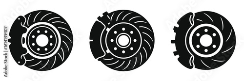 Set of Car Brake Disc Icons Vector Illustration – Black Silhouette Automotive Brake Rotors, Vehicle Spare Parts, Auto Repair Symbols, Isolated on White Background, Editable Clipart