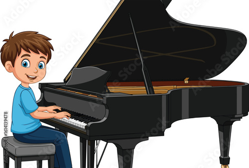 Cartoon pianist at grand piano, blue outfit, expressive playing pose, cad style drawing, music character illustration, flat vector art