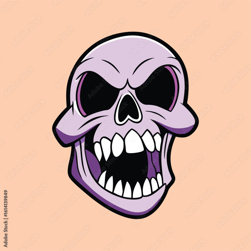 Obraz premium Cartoonish skull with violet shadows has a menacing grin and wide, vacant eye sockets