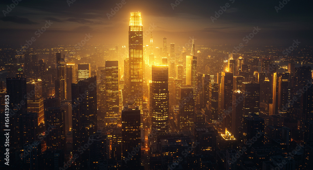 Fototapeta premium Aerial view of a city skyline at night with illuminated skyscrapers and a golden glow throughout the scene
