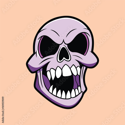 Cartoonish skull with violet shadows has a menacing grin and wide, vacant eye sockets