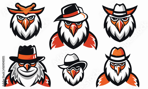 Cartoonish eagles wear hats and caps with unique designs in a set of six