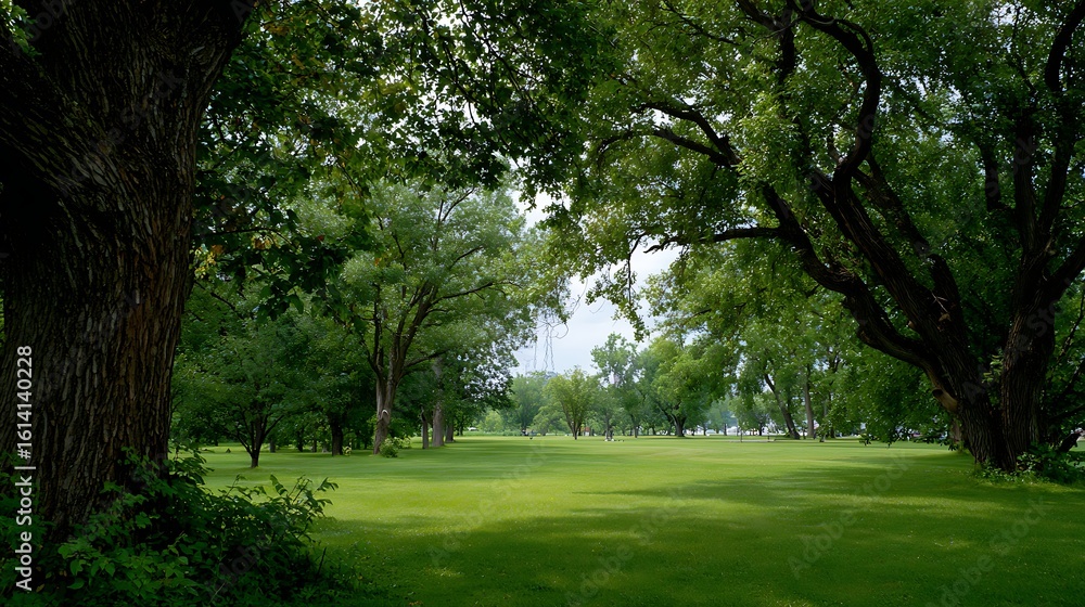 Naklejka premium Peaceful green park with large old trees and open lawn / 大きな古木と芝生が広がる静かな緑の公園