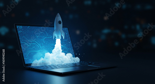 A rocket launching from a laptop screen with a circuit board design and smoke in a dark setting